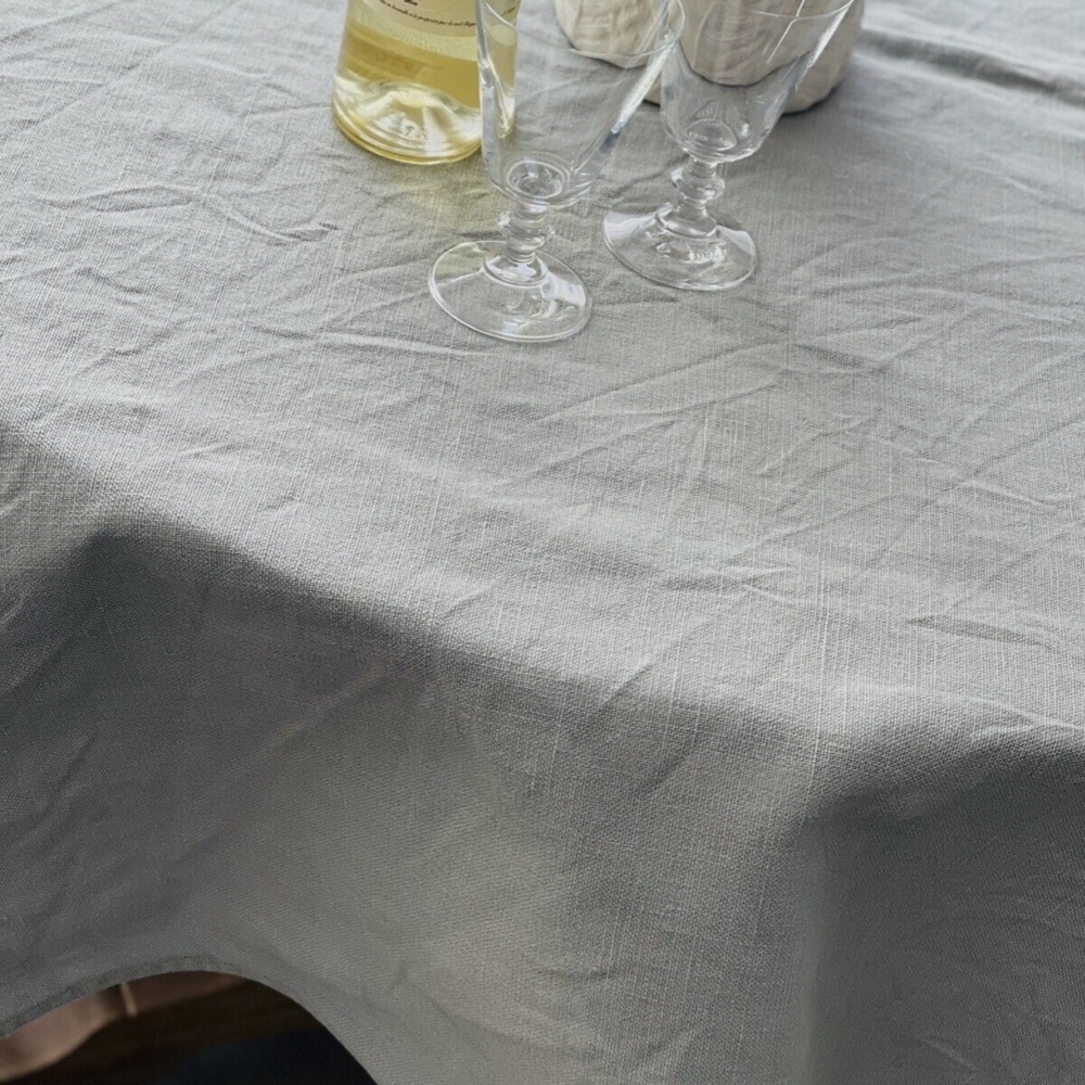 100% BELGIAN LINEN TABLECLOTH, 65" X 65" SQUARE, FOG GRAY PALE BLUE, VINTAGE - Picture 2 of 6